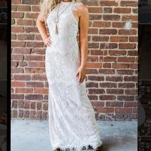 Southern Fried Chicks Long White Lace Gown Halter Dress NEW Size Small Wedding